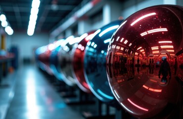 Colorful metallic spheres arranged in a row inside a modern industrial space with bright lighting and reflections
