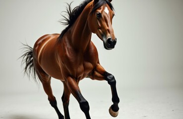 A brown horse galloping with a dynamic pose against a neutral background