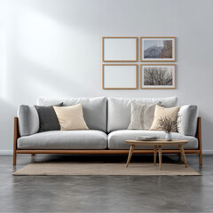 White sofa wooden frame neutral cushion modern living room wall art coffee table cozy minimalist bright comfortable