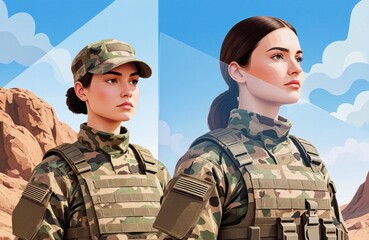 Fototapeta premium Woman in military uniform standing outdoors with rocky landscape and blue sky