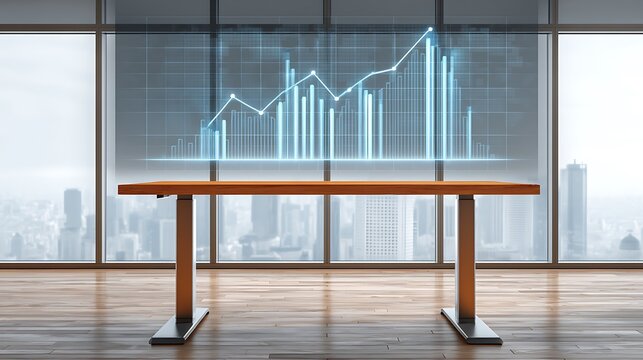 Modern Conference Room with Futuristic Data Visualization and City Skyline Background