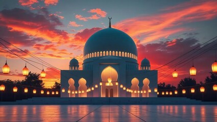 Naklejka premium Stunning mosque illuminated by warm lanterns against a vibrant sunset sky, evoking peace and spirituality