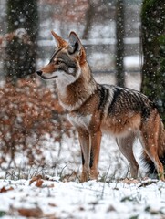 Fototapeta premium Coyote stands in snow, striped fur visible, looks to the left