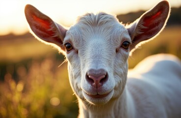 Fototapeta premium A young goat with white fur looks directly at the camera in a natural outdoor setting during sunset