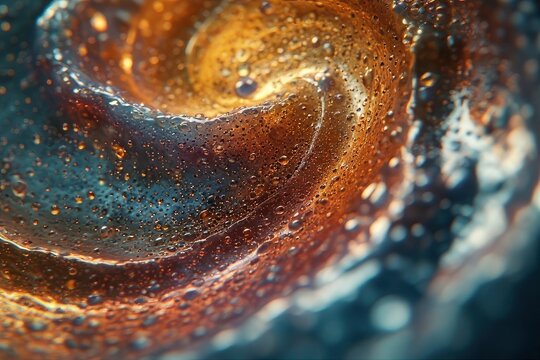 An amberhued liquid forms a glistening spiraling eddy dotted with tiny droplets - Powered by Adobe