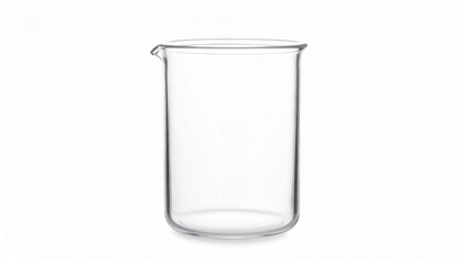 Clear glass beaker on white isolated background laboratory equipment scientific environment minimalist viewpoint