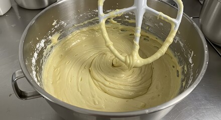 Creamy Cake Batter Mixing in Stainless Steel Bowl