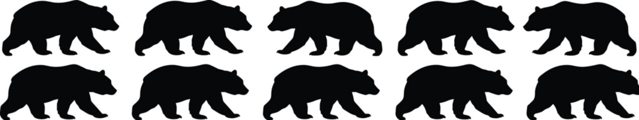 Collection of wild bear silhouettes, depicting different poses and movement, isolated on white background, flat vector illustration.