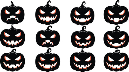 A collection of spooky and scary jack-o'-lanterns with various carved faces, a vector illustration set for Halloween and autumn designs.
