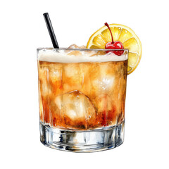 Amaretto Sour cocktail with ice cubes, lemon slice and cherry garnish in rocks glass with straw. Watercolor illustration isolated on transparent background. Classic sour drink and Italian liqueur cock