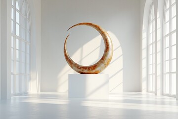 Curved, textured crescent sculpture on white pedestal in bright, arched room