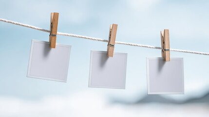 Three Blank Photo Frames Hanging on a Clothesline with Wooden Clothespins Against a Blurred Sky Background