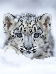 Fototapeta premium Cute snow leopard cub with blue eyes lies in the snow, looking forward