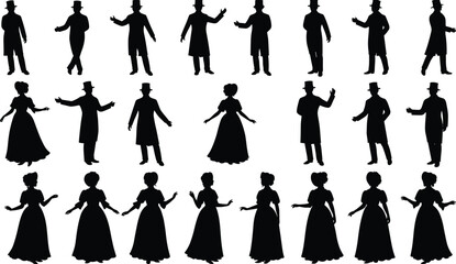Collection of Victorian People Silhouettes, Set of Men and Women in Historical Clothing, Isolated on a White Background. Flat Vector Illustration, Cad Drawing.