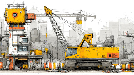 Construction site with crane, excavator, and scaffolding.