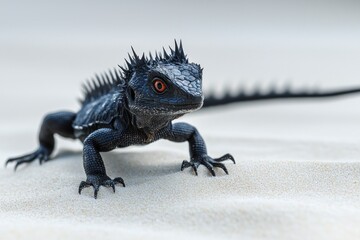 Dark spiky lizard crawls across bright sand, orange eyes focused forward