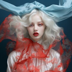 Captivating portrait of a model with flowing fabric in striking red and blue tones showcasing ethereal beauty and artistic expression