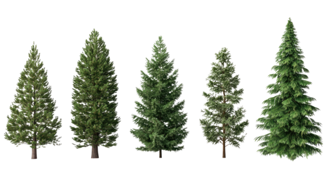 Long green fir trees standing tall in dense forest isolated on white background
