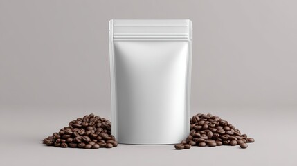 Minimal coffee pouch mockup design for brand advertising simple white bag display with coffee beans
