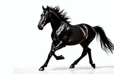 Fototapeta premium Black horse running with flowing mane on a white background