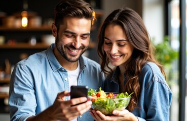Woman and man sharing a moment while looking at a smartphone and holding a salad bowl