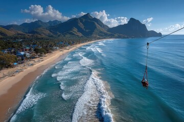 Coastal zipline over waves, tropical beach