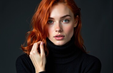 Fototapeta premium Woman with red hair wearing a black turtleneck looking directly at the camera