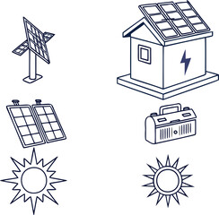Vector art of solar energy icons including panels, house, battery, and sun isolated on white background