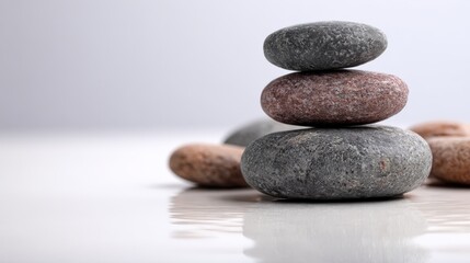 Zen Stones Stacked on a Reflective Surface Promoting Balance, Calmness, and Relaxation for Meditation and Well-being