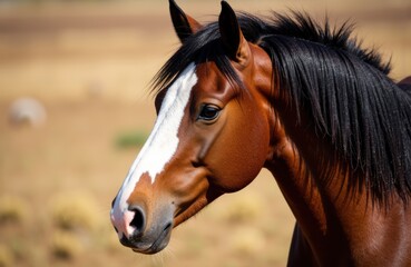 Fototapeta premium Close-up of a brown horse with a white blaze on its face standing outdoors in a natural setting
