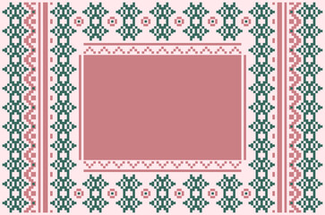 Abstract geometric background of green and pink with square in middle in ethnic design. Concept of pixel art, bold, classic, native for greeting card, fashion, invitation, textile print, wallpaper.