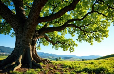 Fototapeta premium A large tree with lush green leaves stands in a sunlit field under a clear blue sky