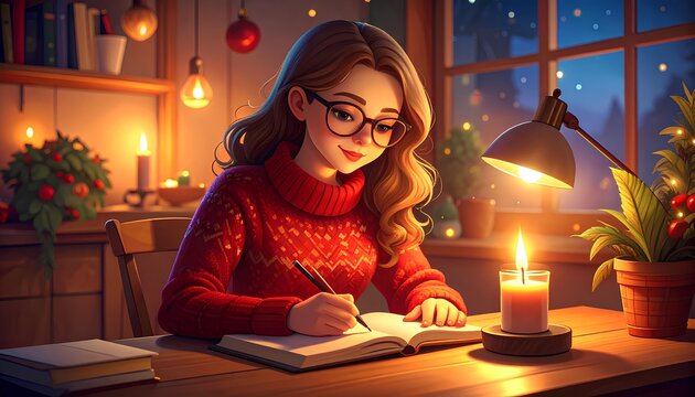 cartoon illustration of young woman writing a book at home - Powered by Adobe