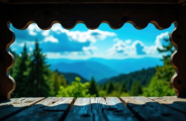 A scenic view of lush green trees and distant mountains through a rustic wooden window frame