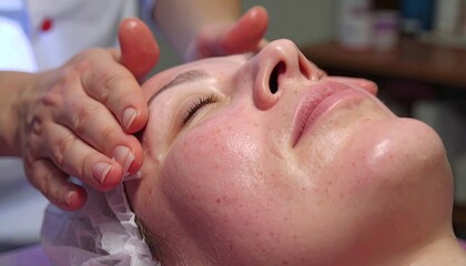 Naklejka premium A woman with closed eyes and reddish skin lies on a bed while someone massages her face with their hands.