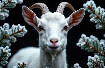 Naklejka premium A close-up of a white goat with curved horns surrounded by snow-dusted pine branches