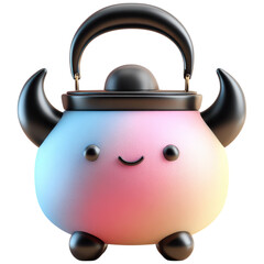 Fototapeta premium Cute pastel cartoon Halloween decor kettle with black horns and smiling face perfect for festive decoration and fun holiday vibes