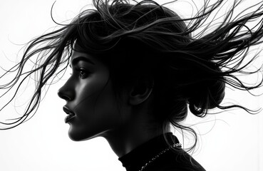 Naklejka premium Woman with flowing hair in black and white profile shot creating a dynamic and artistic visual impression