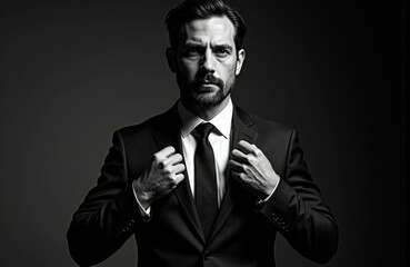 Fototapeta premium Confident man adjusting suit in black and white studio portrait