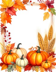 Thanksgiving Autumn Leaves Border with Pumpkins and Wheat