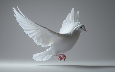 Obraz premium Elegant white dove in flight, wings spread, against soft grey backdrop