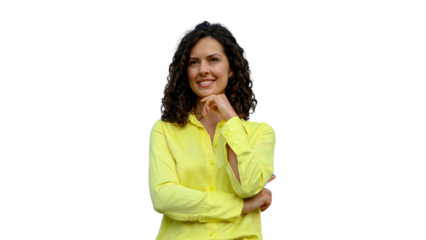 Professional woman resting chin on hand, looking contemplative with confident smile against transparent backdrop, embodying workplace mindset