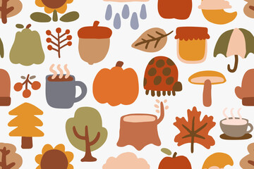 Autumn Items Pattern with Pumpkin, Acorn, Pine Tree and Leaves