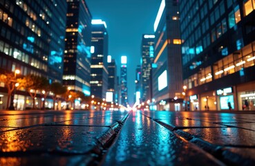 Fototapeta premium City street at night with illuminated skyscrapers and wet pavement reflecting lights