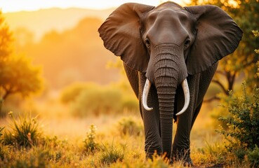 Obraz premium A majestic elephant standing in a sunlit savannah landscape during sunset