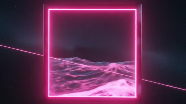 Abstract Neon Waves within a Geometric Square Against a Starry Backdrop with Dynamic Lines and Vibrant Glowing Elements