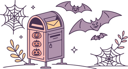 A whimsical halloween scene featuring a purple mailbox decorated with jack o lanterns flying bats and spooky spiderwebs perfect for festive holiday designs