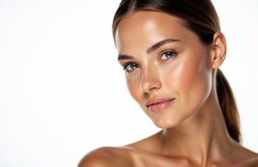 Fototapeta premium Woman with clear skin and natural makeup looking at camera with a slight smile