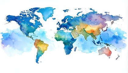 world map colorful watercolor on white background
