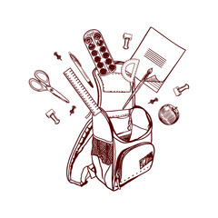 School backpack with notebook, pen, pencil, paints, brush, rulers, scissors. Hand drawn vector clip art stationery in graphics for covers and banners.